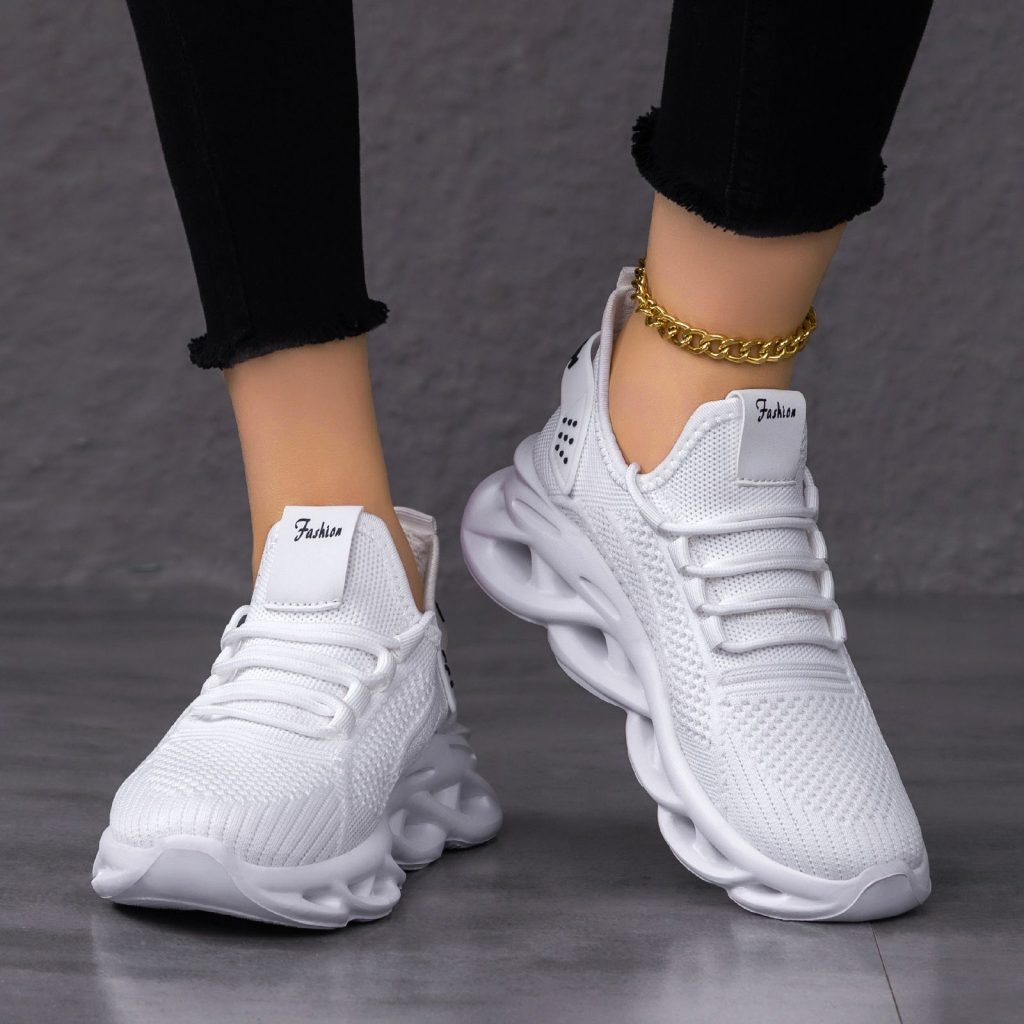 All-White Mesh Blade-Sole Sneakers