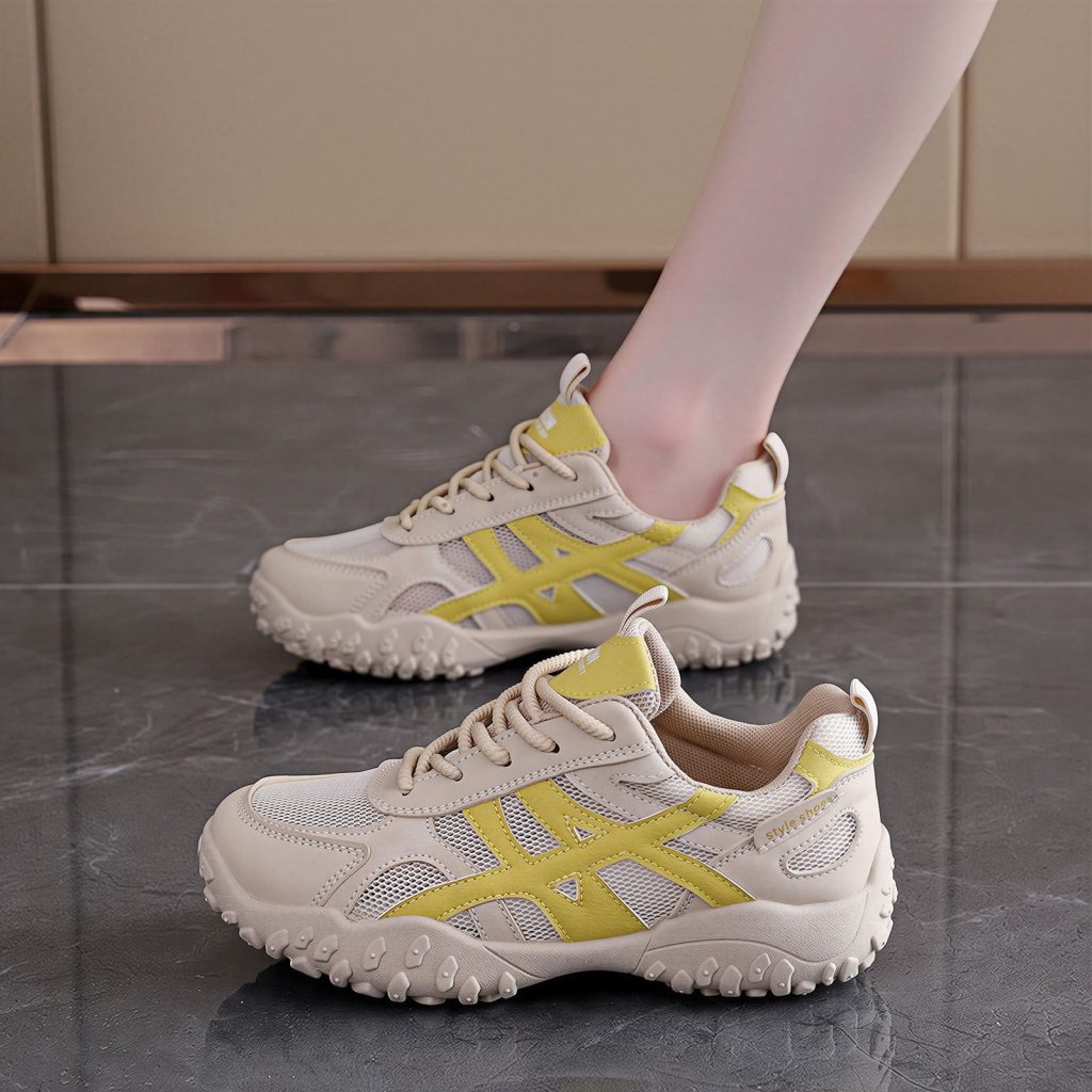 Beige & Yellow Breathable Mesh Chunky Sneakers