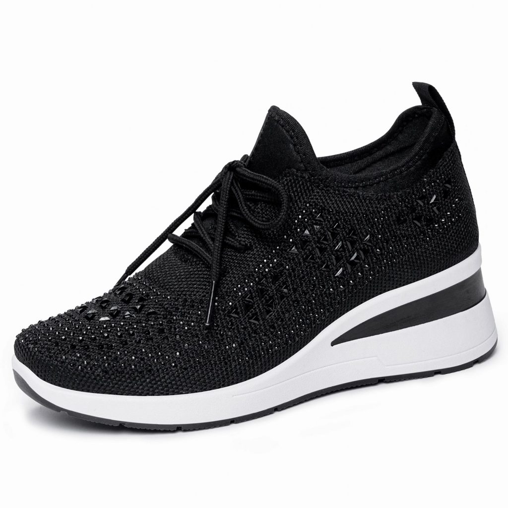 Black Hollow Mesh Wedge Sneakers with Hidden Heel