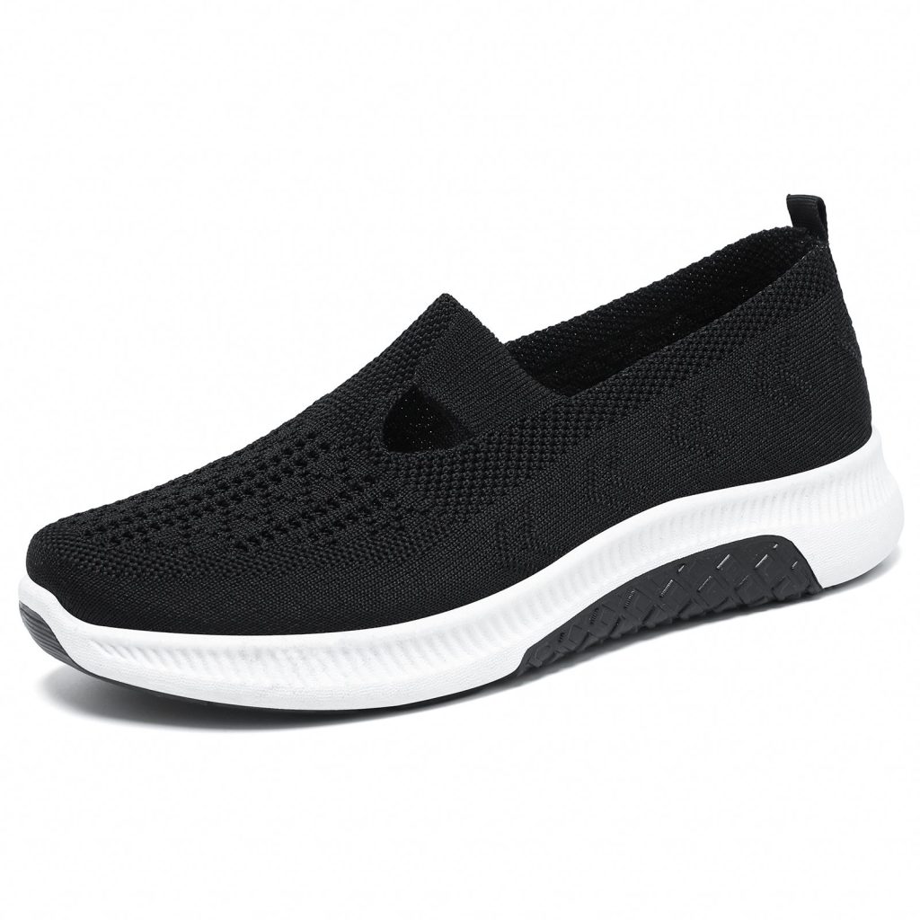 Black Mesh Breathable Slip-On Walking Shoes with White Sole