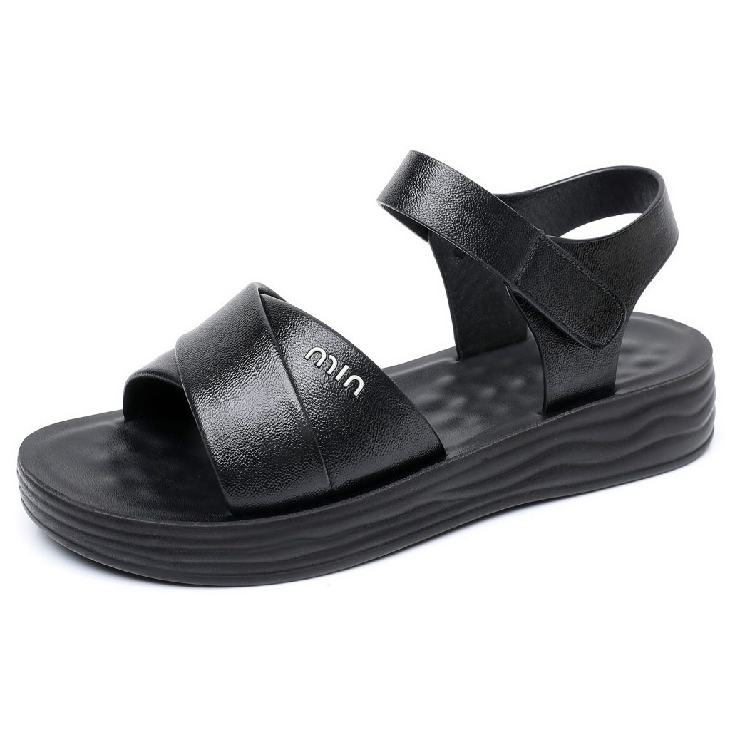 Black Thick-Sole Sandals with Hook-and-Loop Strap