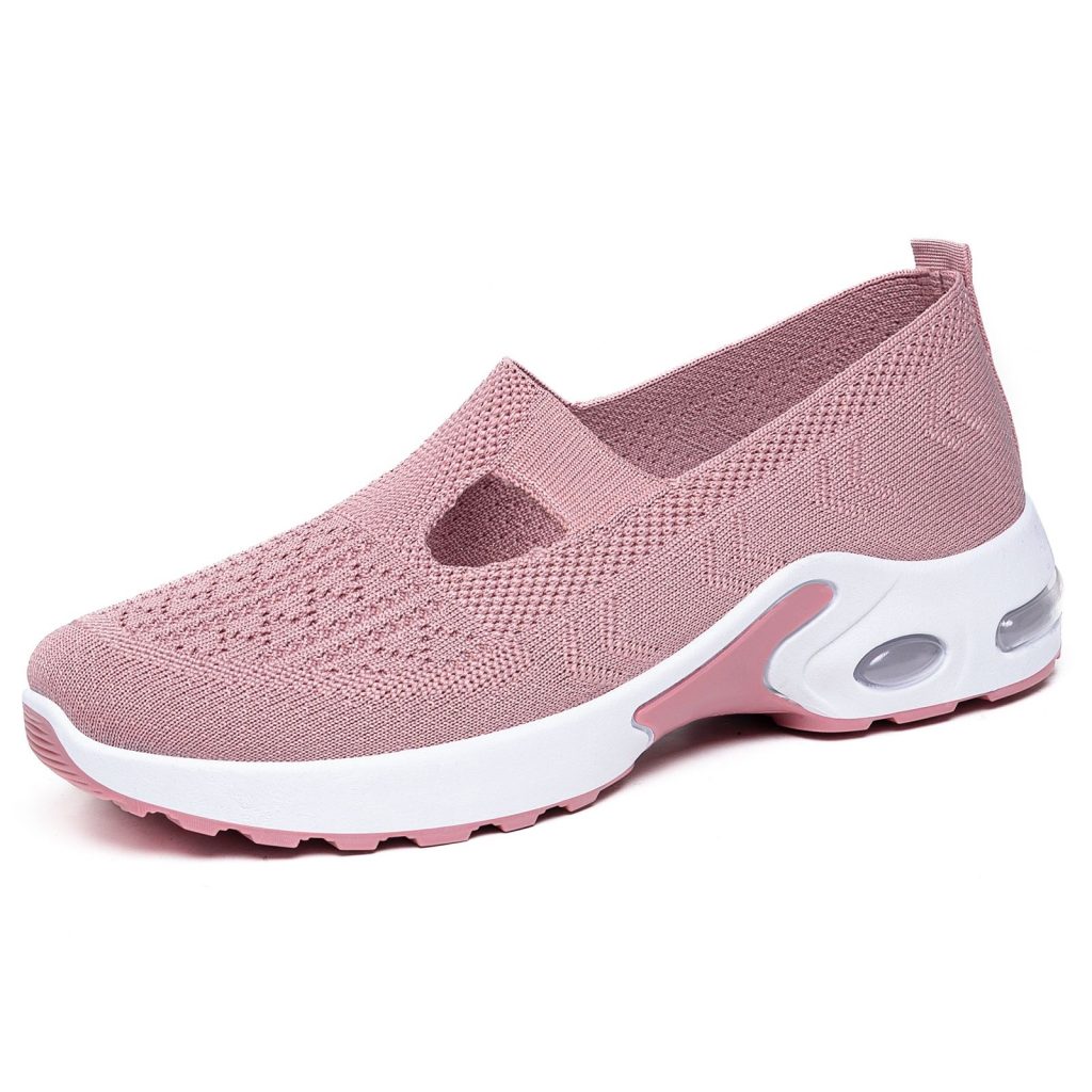 Pink Hollow Mesh Slip-On Walking Shoes with Air Cushion Sole