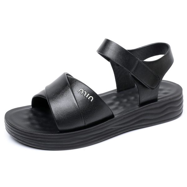 Black Thick-Sole Sandals with Hook-and-Loop Strap Black Thick-Sole Sandals with Hook-and-Loop Strap