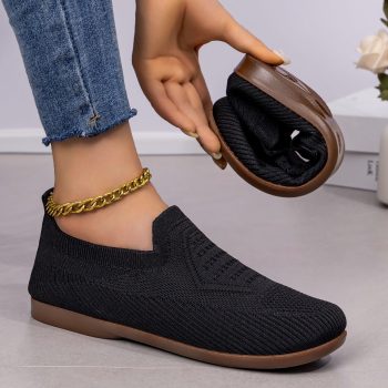 Flexible Black Knit Mesh Slip-On Casual Flats