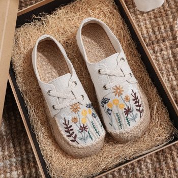 Floral Embroidered Linen Espadrilles - Lace-Up Breathable Casual Flats