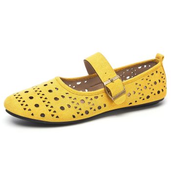 Breathable Hollow-Out Mary Jane Flats for Women, Yellow Buckle Strap Casual Ballet Shoes, Lightweight Summer Flat Shoes for Daily Wear