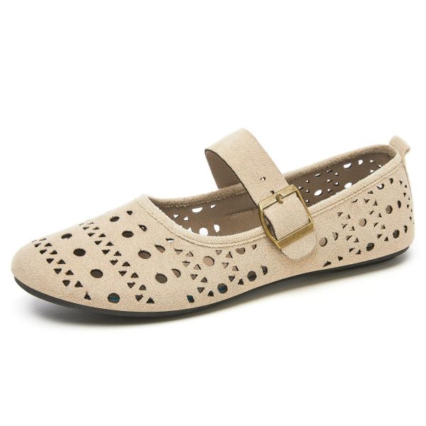 Breathable Hollow-Out Mary Jane Flats for Women, Yellow Buckle Strap Casual Ballet Shoes, Lightweight Summer Flat Shoes for Daily Wear