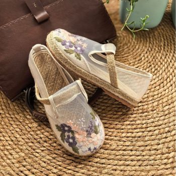 Floral Embroidered Mesh Mary Jane Espadrilles - Breathable Linen Flats