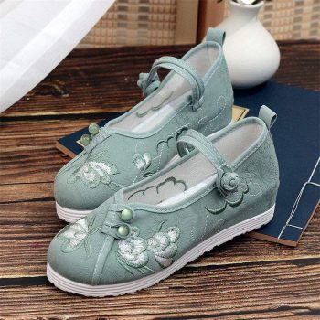 New Chinese Style Green Floral Embroidered Hanfu Shoes - Wedge Soft Sole Flats