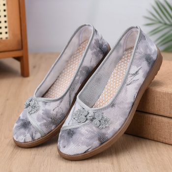 Gray Mesh Chinese Style Embroidered Flats - Breathable Casual Slip-On Shoes