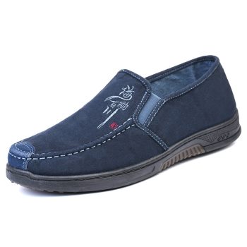 Men's Navy Embroidered Canvas Loafers - Slip-On Casual Comfort Shoes